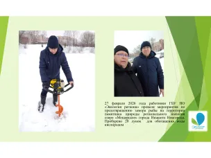 27 февраля 2026 г. работниками ГБУ НО "Экология региона" проведены мероприятия по предотвращению замора рыбы на территории памятника природы регионального значения озеро «Мещерское» г. Нижнего Новгорода